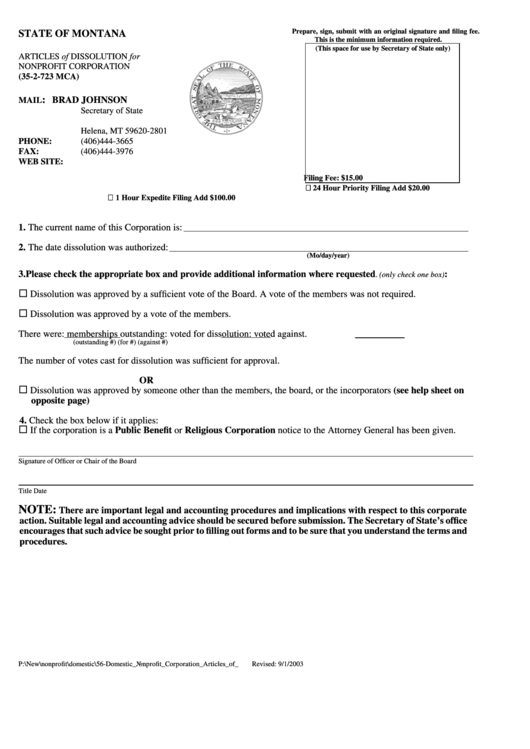 Articles Of Dissolution For Non-Profit Corporation Form - Montana Secretary Of State Printable pdf
