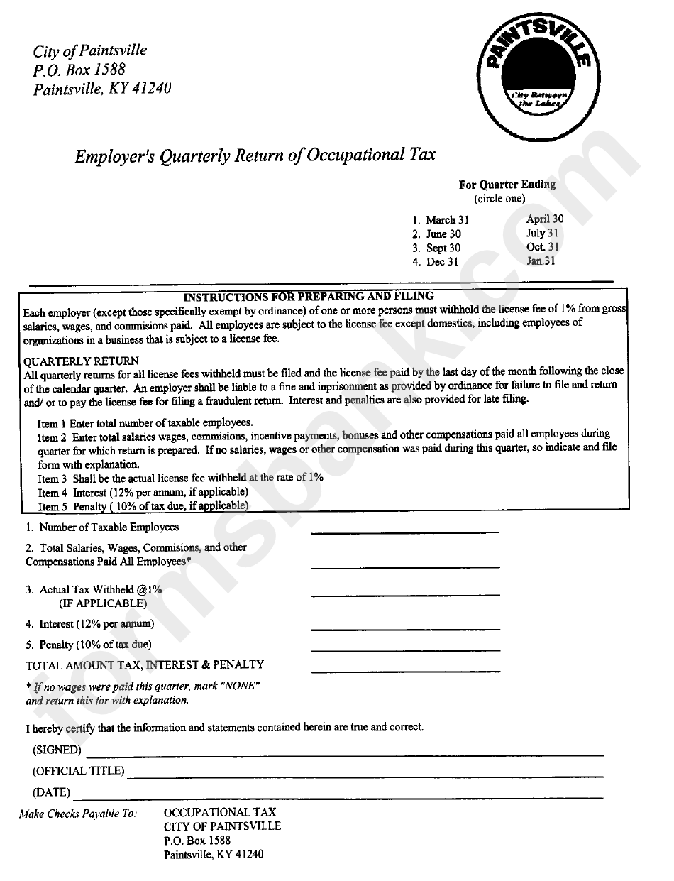 Employer'S Quarterly Return Of Occupational Tax Form printable pdf download