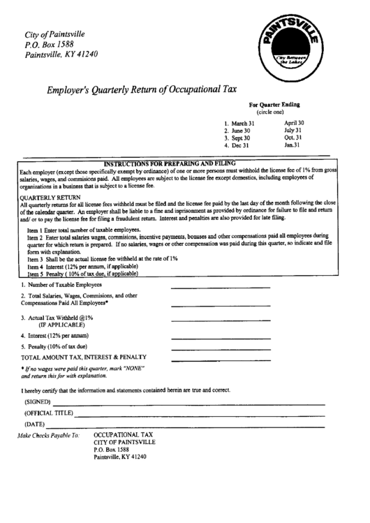 Employer'S Quarterly Return Of Occupational Tax Form printable pdf download