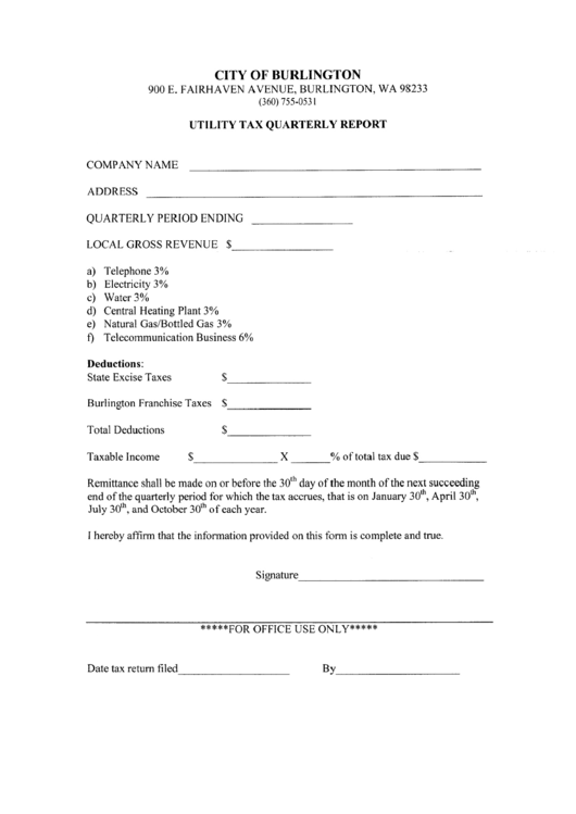 Utility Tax Quarterly Report Form - City Of Burlington Printable pdf
