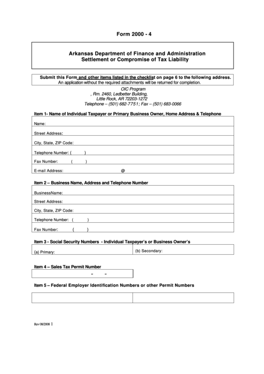 Form 2000-4 - Settlement Or Compromise Of Tax Liability Form - Arkansas Department Of Finance And Administration Printable pdf