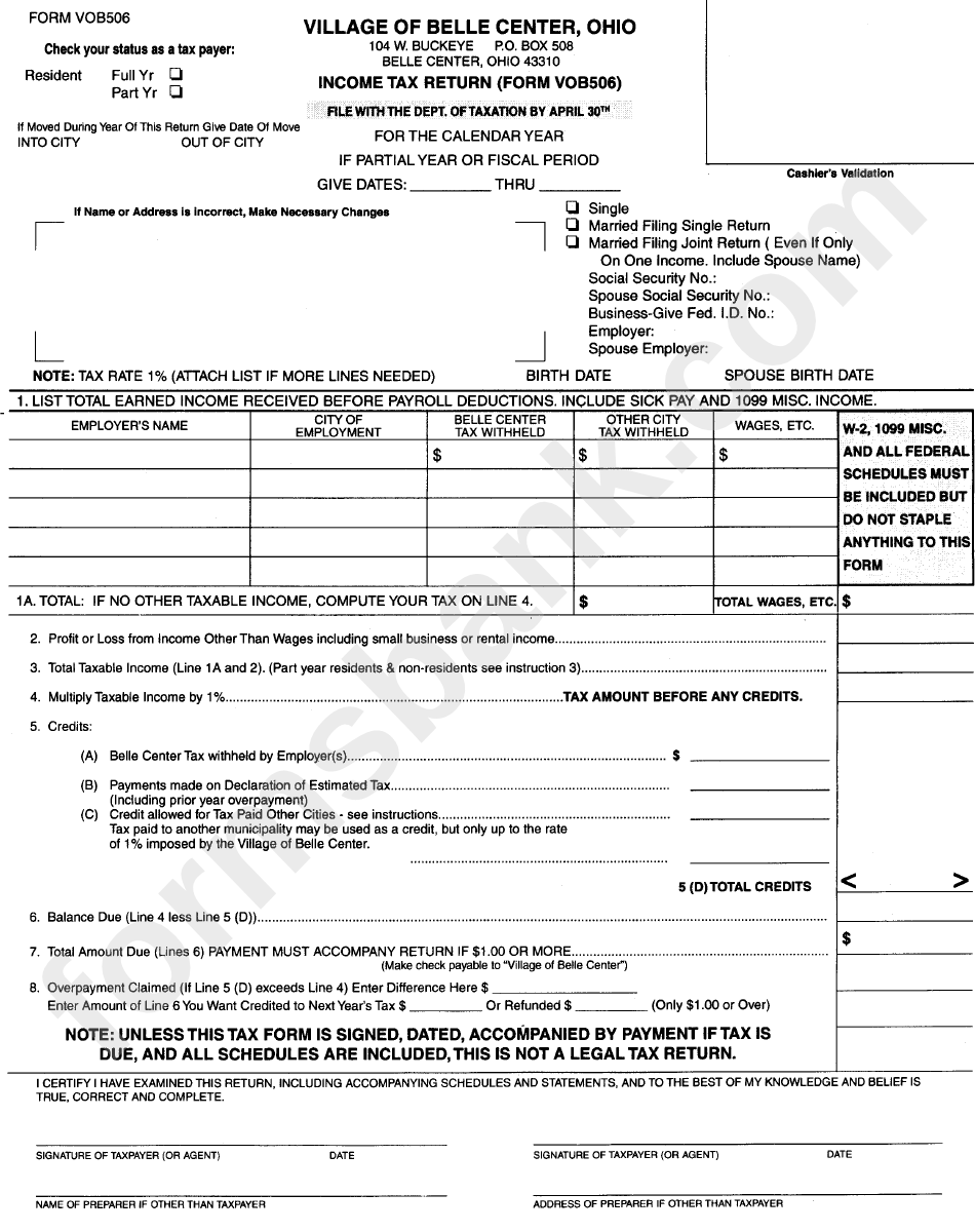 Form Vob506 - Income Tax Return - Village Of Belle Center, Ohio