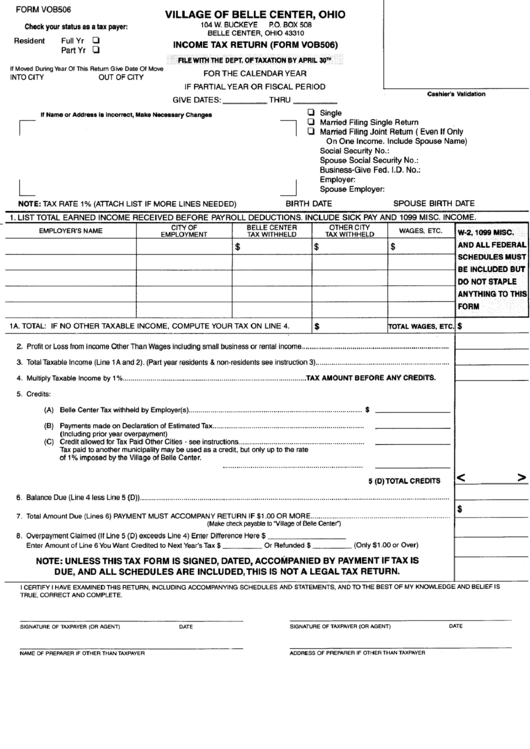 Form Vob506 - Income Tax Return - Village Of Belle Center, Ohio Printable pdf