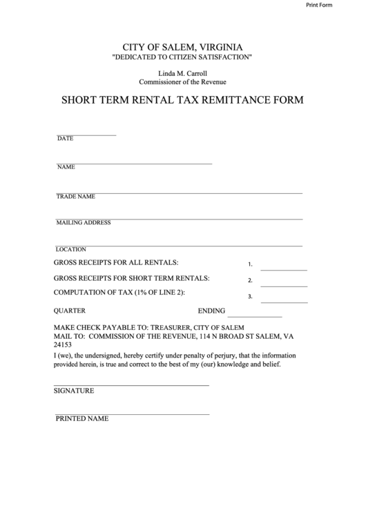 Fillable Short Term Rental Tax Remittance Form Printable pdf