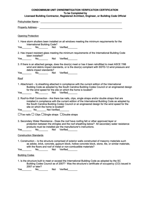 Condominium Unit Owner Mitigation Verification Certification Form - South Carolina Printable pdf