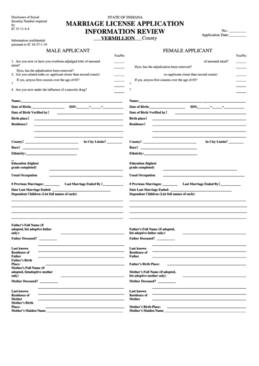 Marriage License Application Information Review Form - Indiana Printable pdf