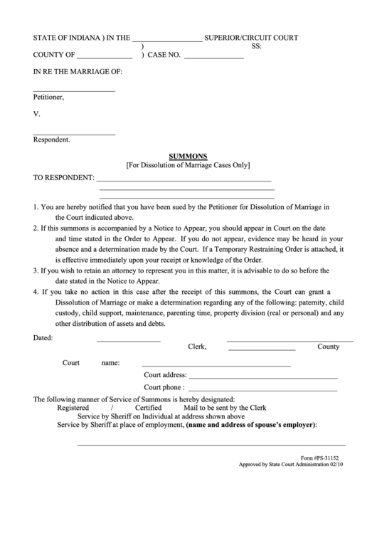 Fillable Form Ps-31152 - Summons - Indiana Printable pdf