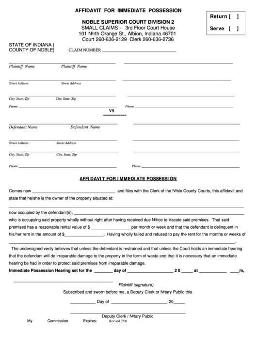 Affidavit For Immediate Possession Form - Indiana Noble Superior Court Division 2 Printable pdf
