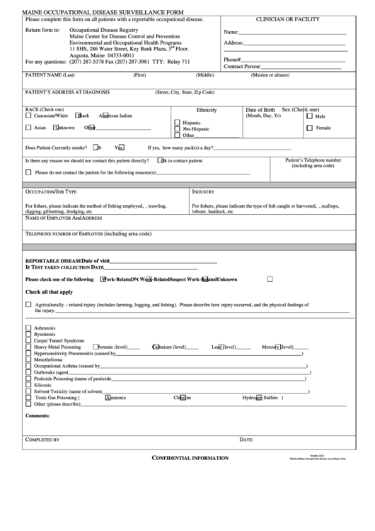 Maine Occupational Disease Surveillance Form - Maine Center For Disease Control And Prevention Printable pdf