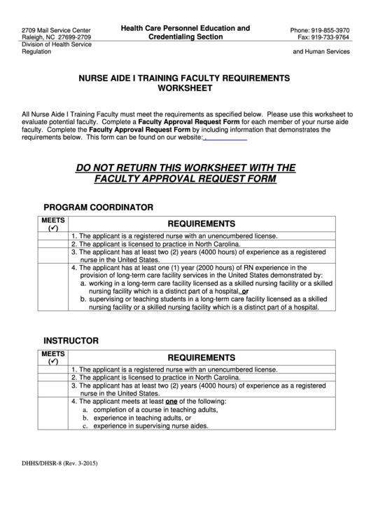 Fillable Form Dhhs/dhsr-8 - Nurse Aide I Training Faculty Requirements Worksheet - N.c. Department Of Health And Human Services Printable pdf