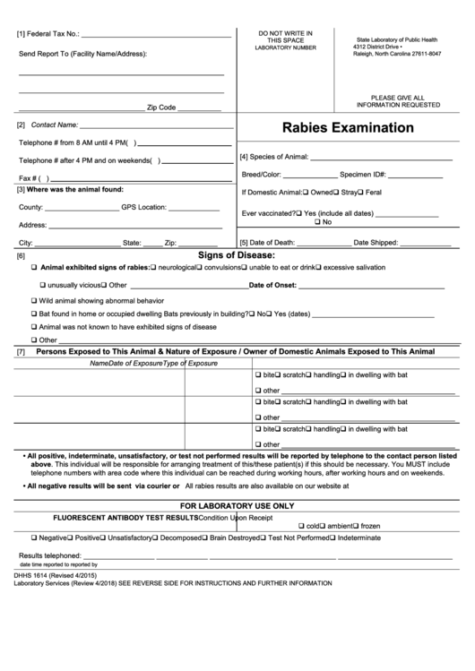 Form Dhhs 1614 - Rabies Examination - N.c. Department Of Health And Human Services Printable pdf