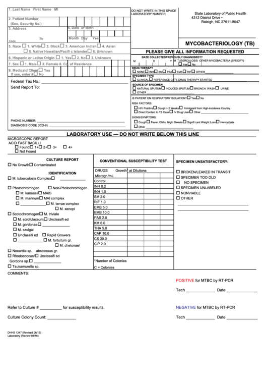 Form Dhhs-1247 - Mycobacteriology (Tb) - N.c. Department Of Health And Human Services Printable pdf