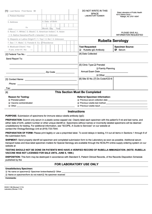 Form Dhhs-1188 - Rubella Serology Printable pdf