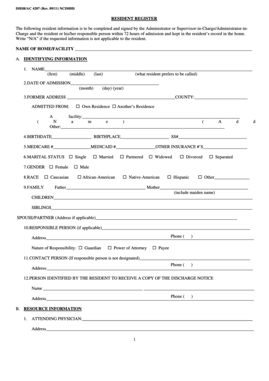 Form Dhsr/ac 4207 - Resident Register Printable pdf