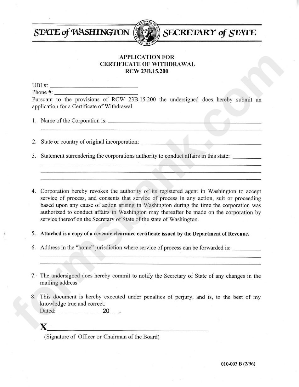 Form 010-003 B(2/96) - Application For Certificate Of Withdrawal
