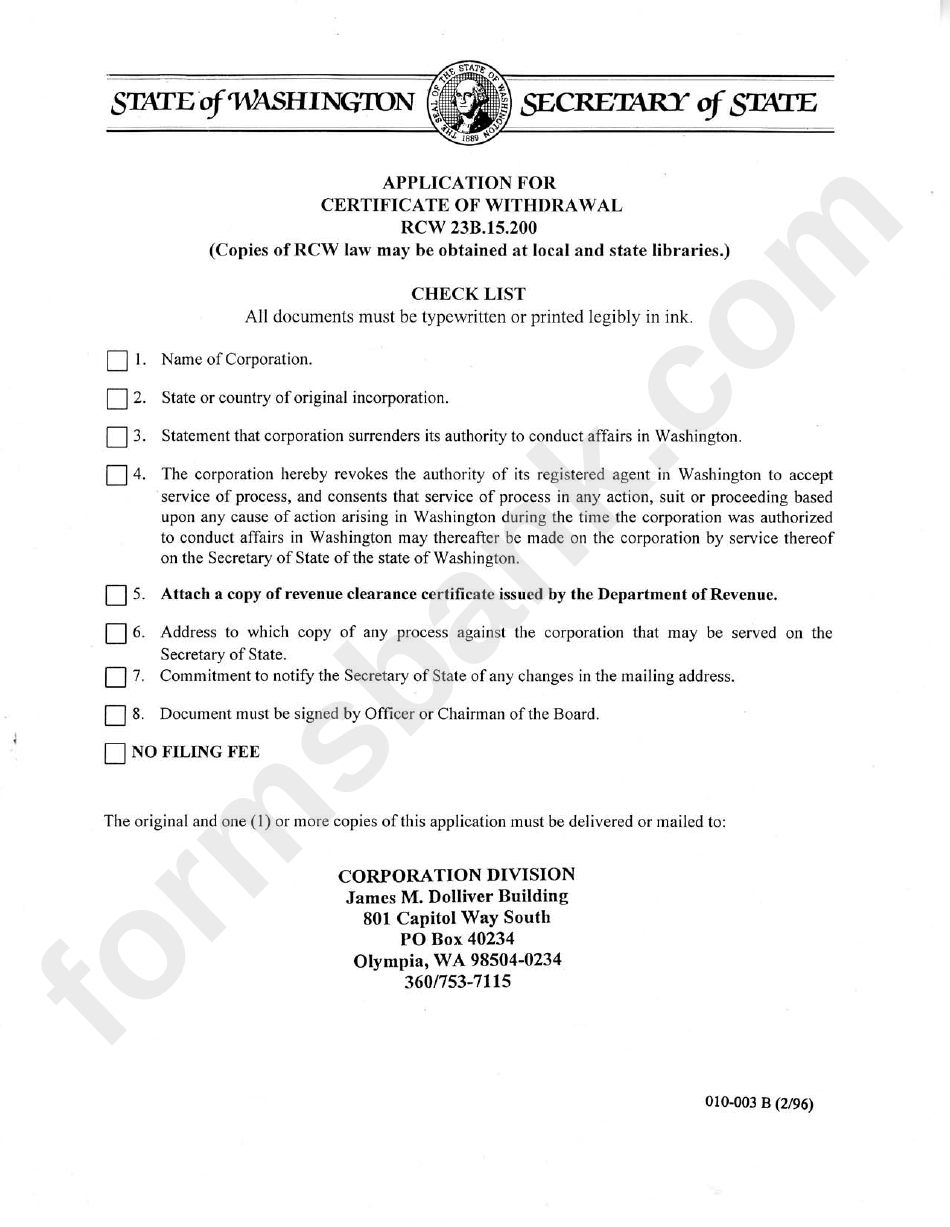 Form 010-003 B(2/96) - Application For Certificate Of Withdrawal