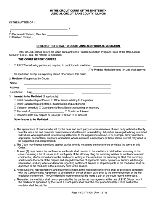 Fillable Order Of Referral To Court Annexed Probate Mediation Form - Lake County, Illinois Printable pdf