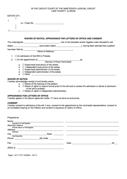 Fillable Form 171p-14a - Waiver Of Notice, Appearance For Letters Of Office And Consent - Lake County, Illinois Printable pdf