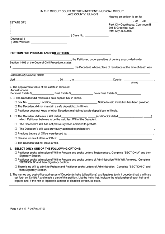 Fillable Petition For Probate And For Letters Form - Lake County, Illinois Printable pdf