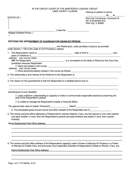Fillable Petition For Appointment Of Guardian For Disabled Person Form - Lake County, Illinois Printable pdf