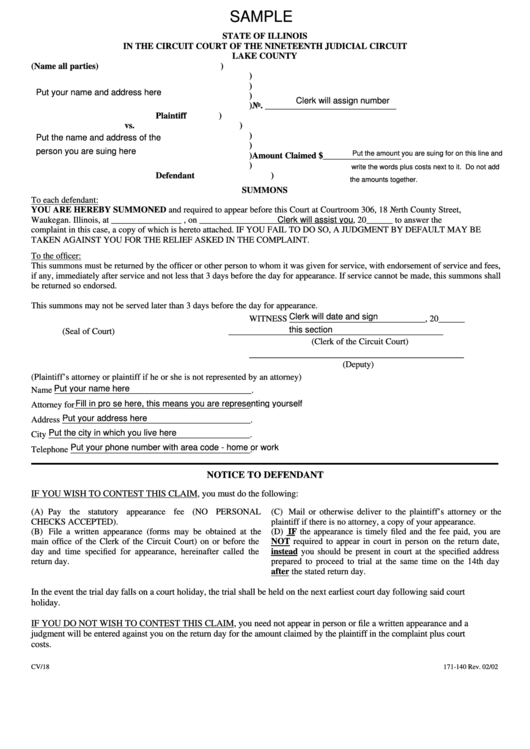 Fillable Form 171-140 - Sample Summons Form - Lake County, Illinois Printable pdf