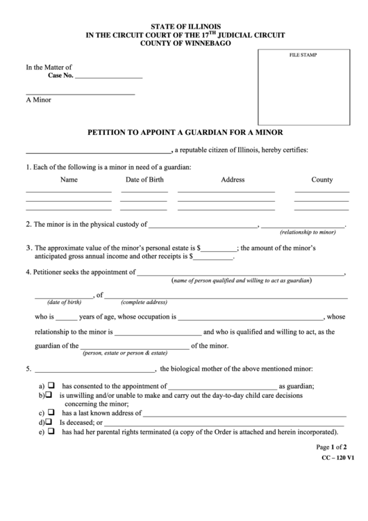 Fillable Petition To Appoint A Guardian For A Minor Form - County Of Winnebago, Illinois Printable pdf