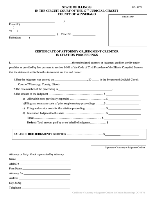 Fillable Certificate Of Attorney Or Judgment Creditor In Citation Proceedings Form - County Of Winnebago, Illinois Printable pdf