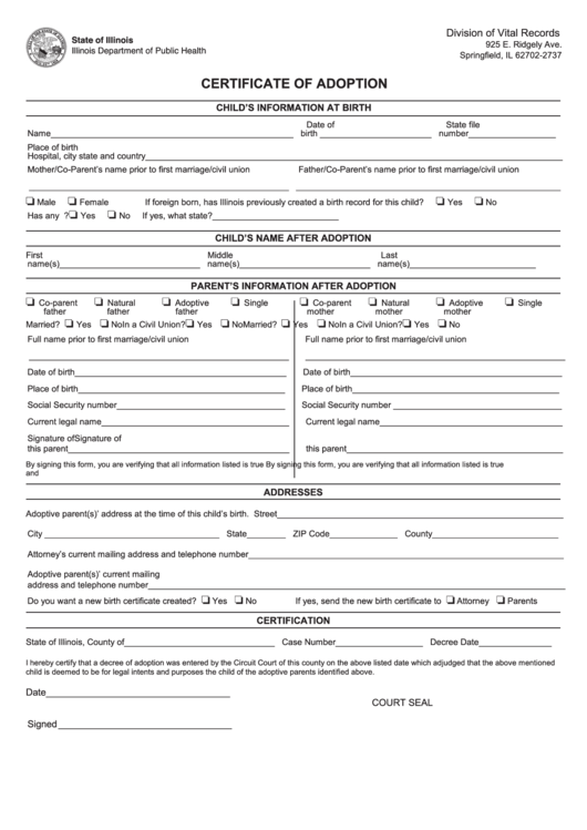 Fillable Certificate Of Adoption Form - Illinois Department Of Public Health Printable pdf