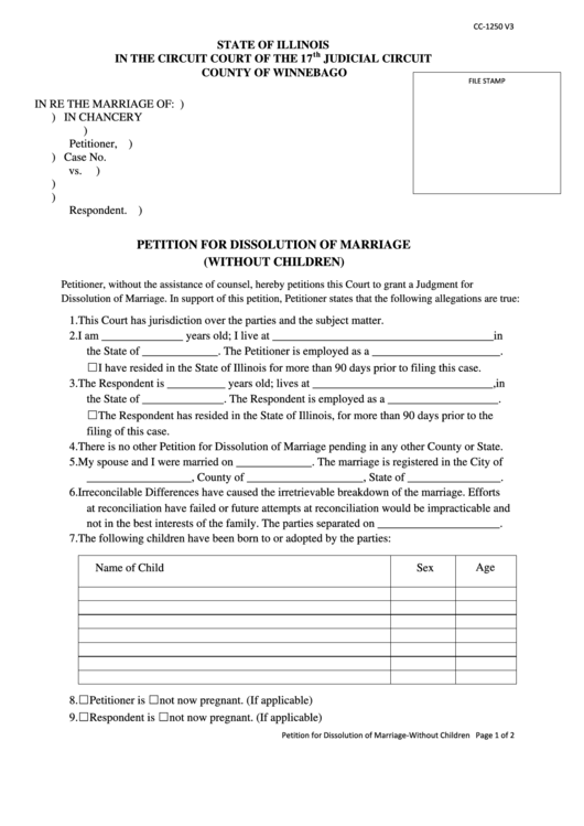 Fillable Form Cc-1250 - Petition For Dissolution Of Marriage (Without Children) Printable pdf
