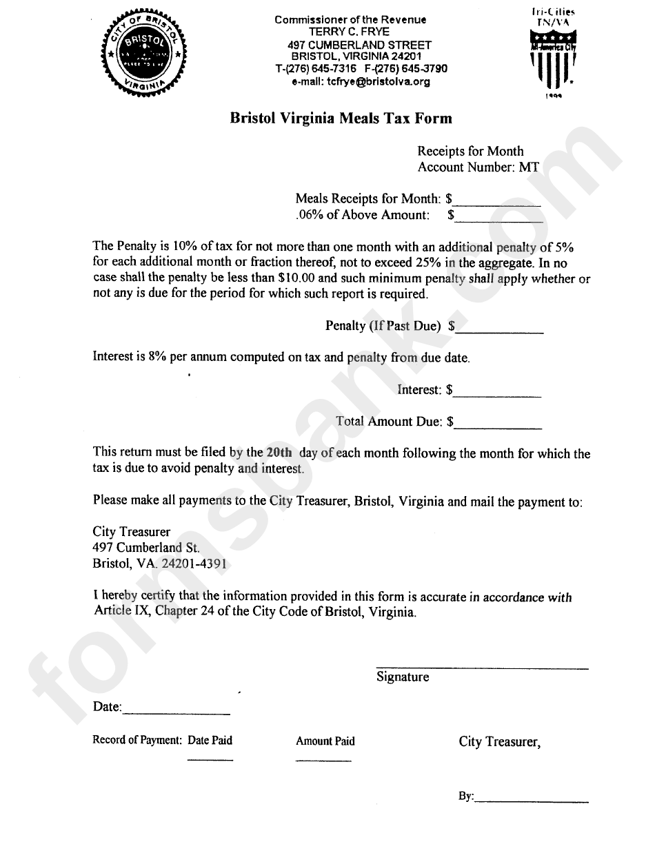 Bristol Virginia Meals Tax Form - Commissioner Of The Revenue