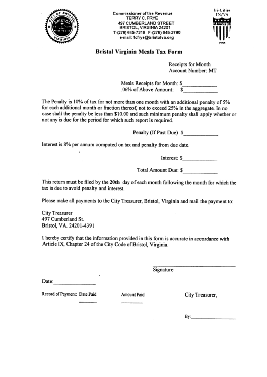 Bristol Virginia Meals Tax Form - Commissioner Of The Revenue Printable pdf