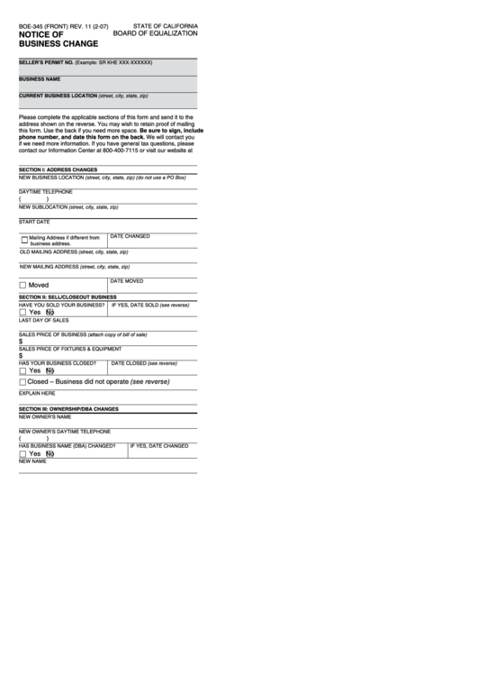 Fillable Form Boe-345 - Notice Of Business Change Form Printable pdf