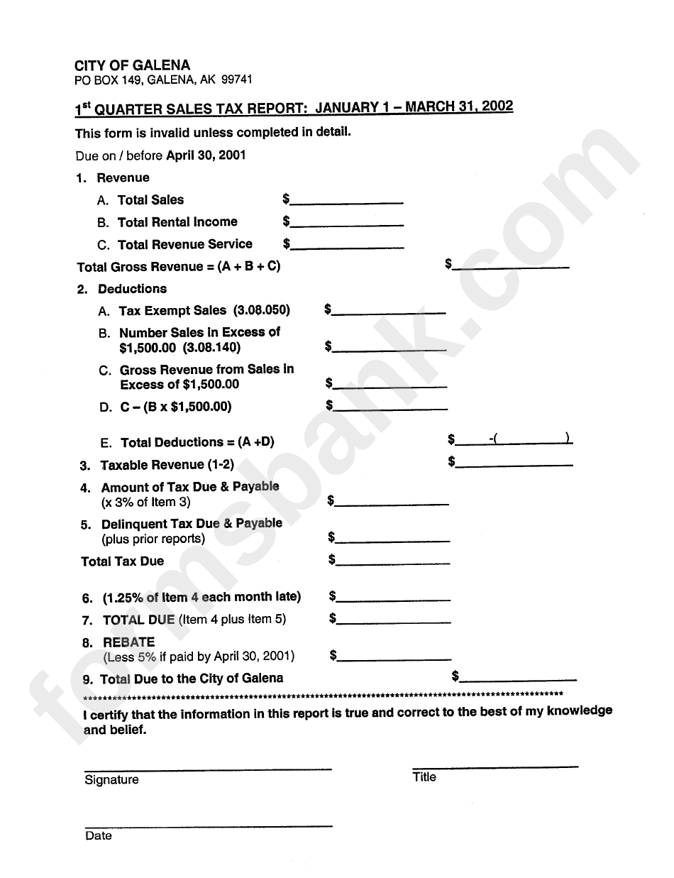 1st Quarter Sales Tax Report Form - City Of Galena - 2002
