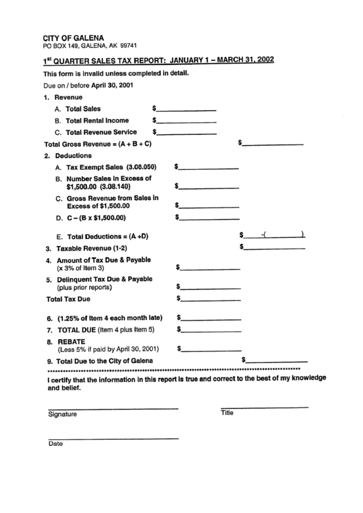 1st Quarter Sales Tax Report Form - City Of Galena - 2002 Printable pdf