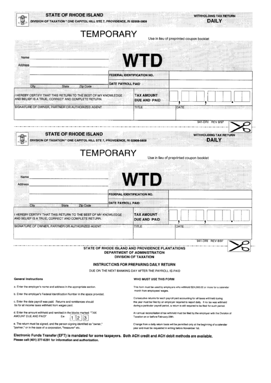 Form 941-Dai - Daily Tax Return Withholding Form Printable pdf