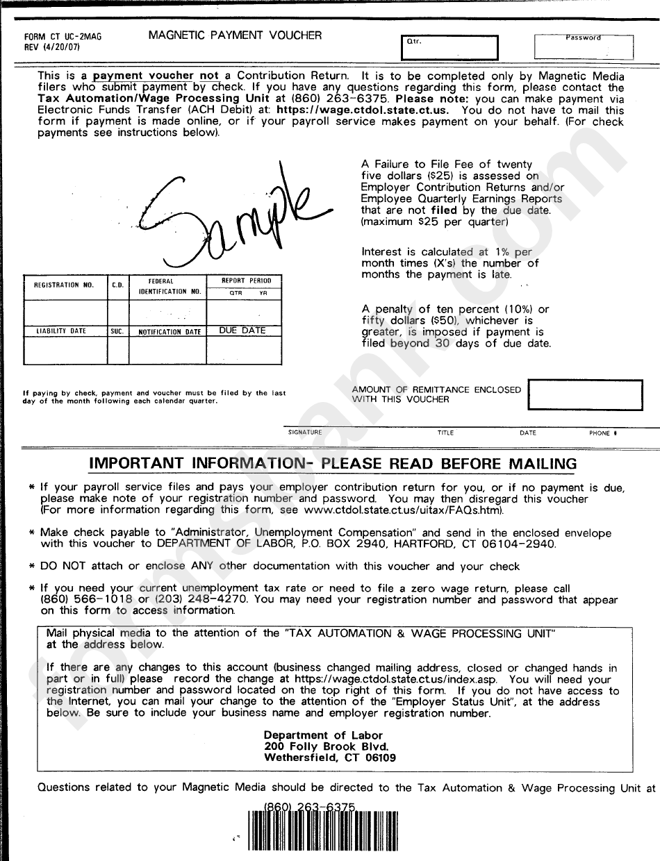 Form Ct Uc-2mag - Sample Magnetic Payment Voucher - Department Of Labor