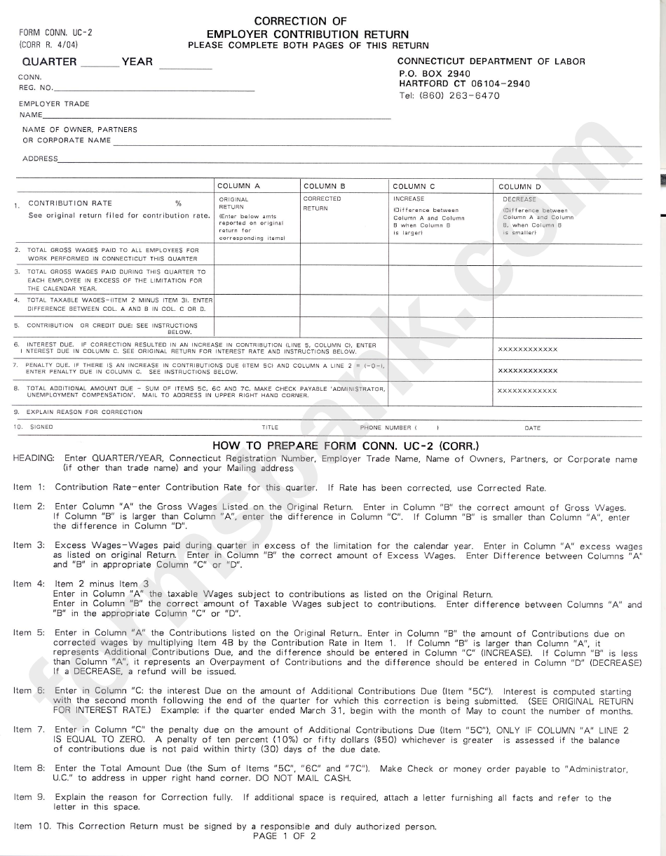 Form Conn Uc-5a - Correction Of Employer Contribution Return - Connecticut Department Of Labor