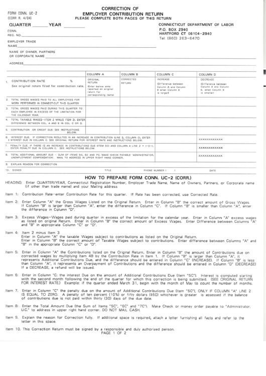 Fillable Form Conn Uc-5a - Correction Of Employer Contribution Return - Connecticut Department Of Labor Printable pdf