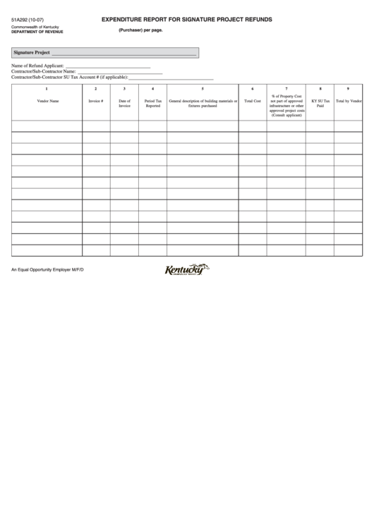 Form 51a292 - Expenditure Report For Signature Project Refunds - Kentucky Department Of Revenue Printable pdf