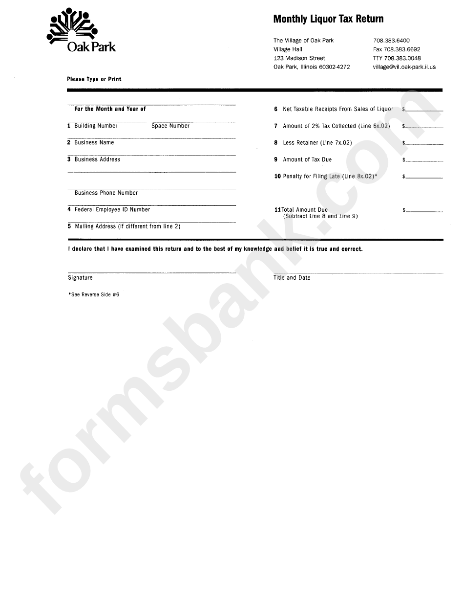 Montly Liquor Tax Return Form