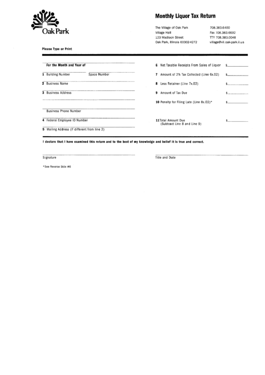 Montly Liquor Tax Return Form Printable pdf