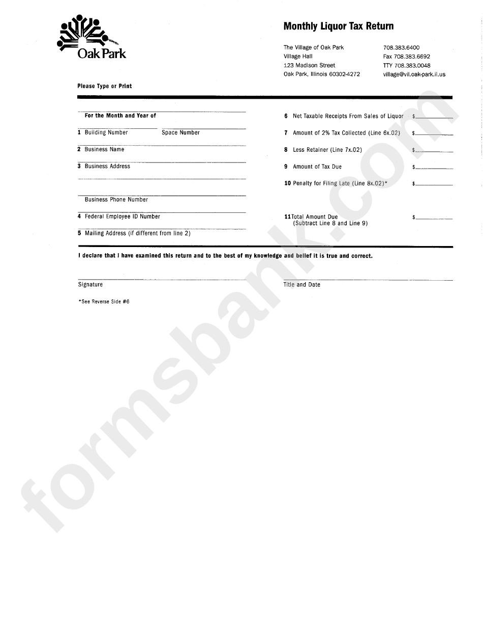 Montly Liquor Tax Return Form