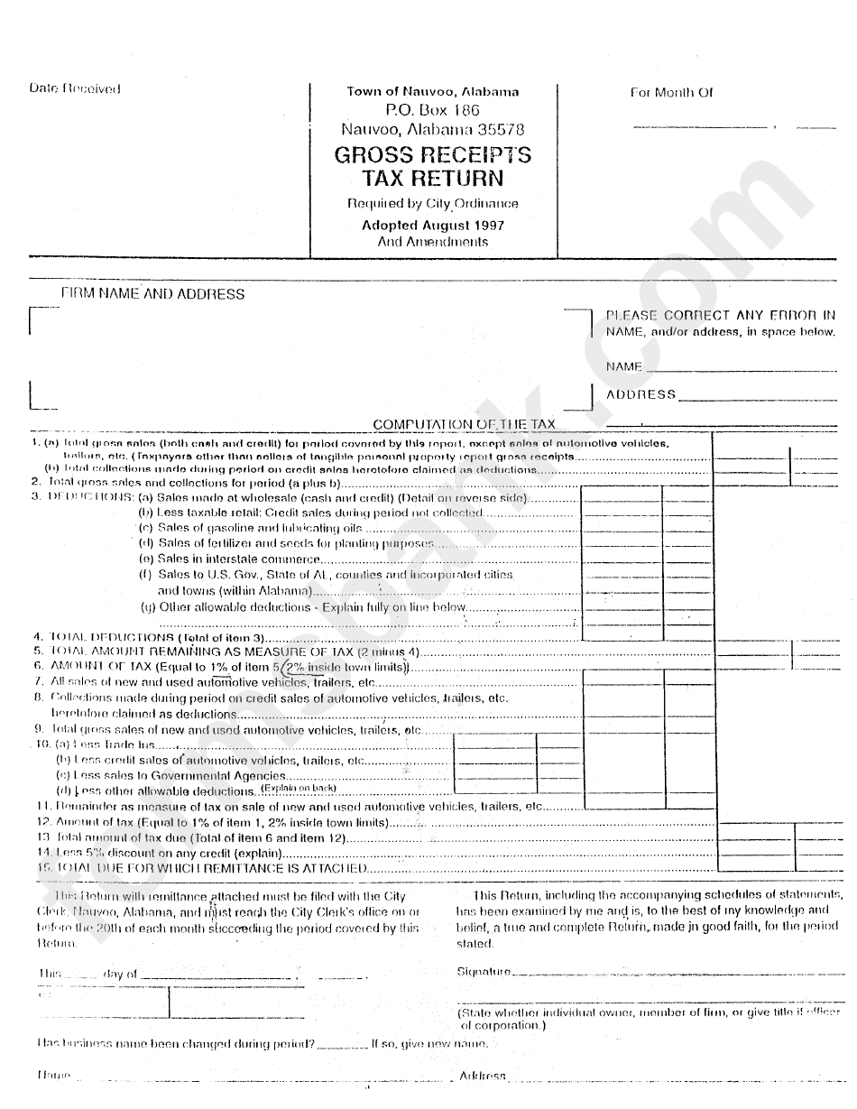 Gross Receipts Tax Return Form