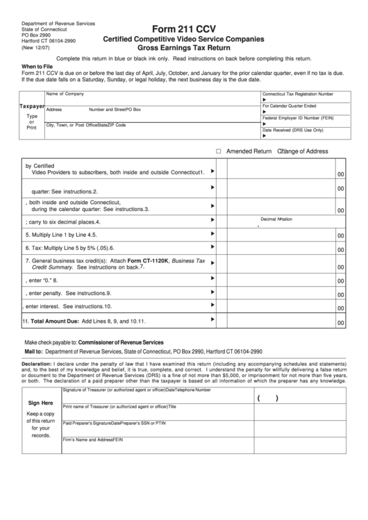Form 211 Ccv - Certified Competitive Video Service Companies Gross Earnings Tax Return Form Printable pdf
