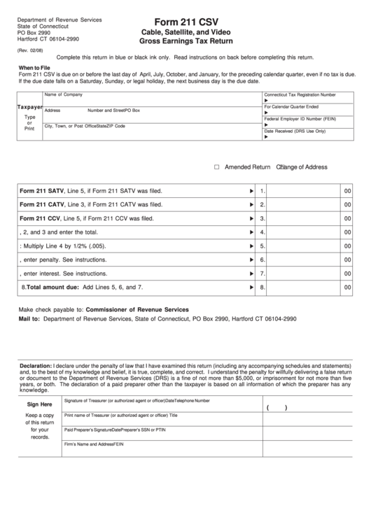 Form 211 Csv - Cable, Satellite, And Video Gross Earnings Tax Return Form Printable pdf