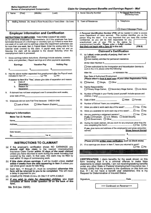 Form Me. B-9 - Claim For Unemployment Benefits And Earnings Report - Mail - Maine Department Of Labor Printable pdf