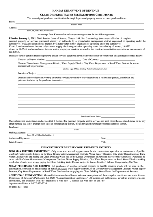 Form St-28ee - Clean Drinking Water Fee Exemption Certificate Form - Kansas Department Of Revenue Printable pdf