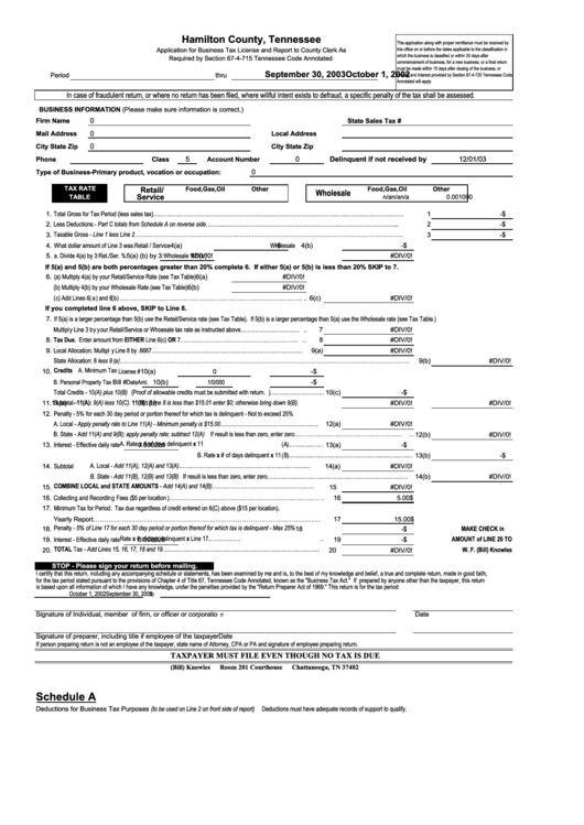Application For Business Tax License And Report Form - Hamilton County, Tennessee (Expired 2002) Printable pdf