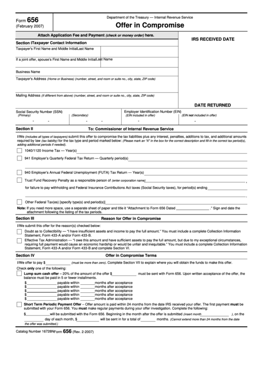 Fillable Form 656 - Offer In Compromise - Department Of The Treasury Printable pdf