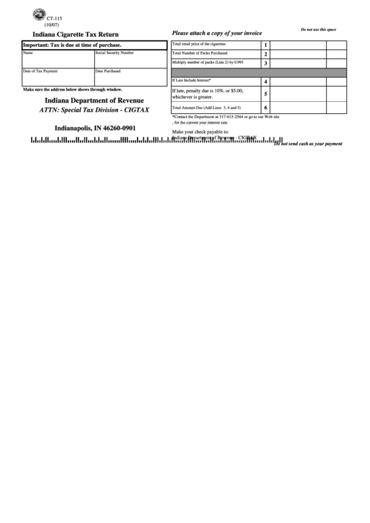 Fillable Form Ct-115 - Indiana Cigarette Tax Return - Indiana Department Of Revenue Printable pdf